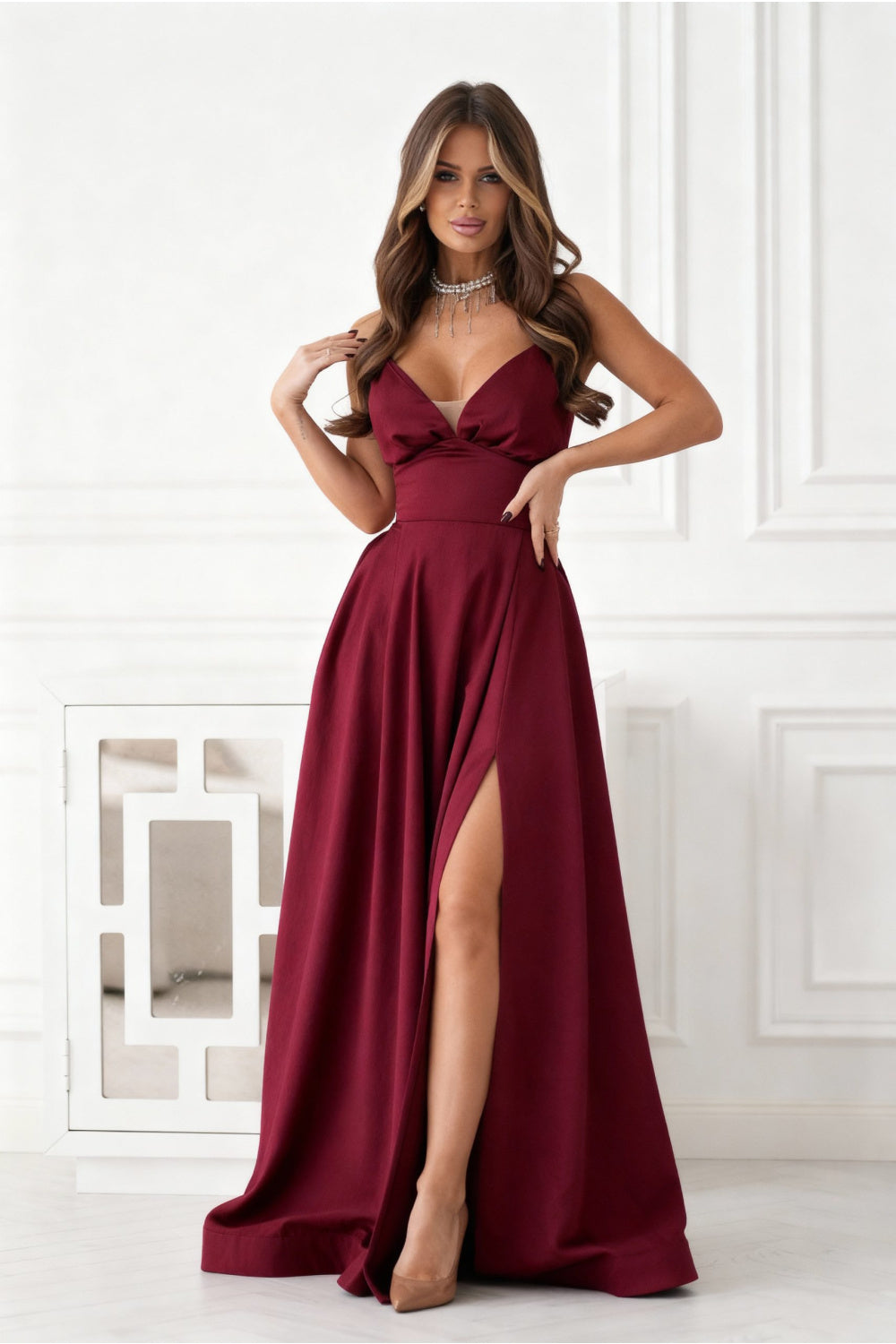 Bicotone Burgundy Polyester Maxi Dress