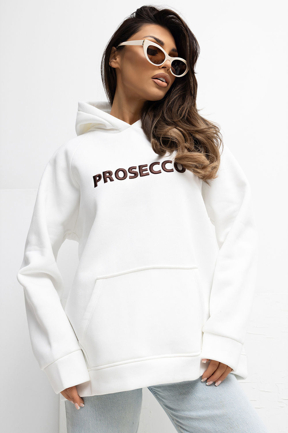 Rue Paris Ecru Hooded Long Sleeve Cotton Sweatshirt with Pockets
