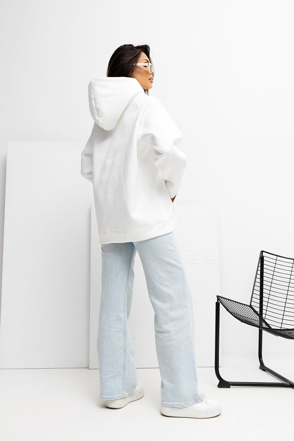 Rue Paris Ecru Hooded Long Sleeve Cotton Sweatshirt with Pockets - view 3
