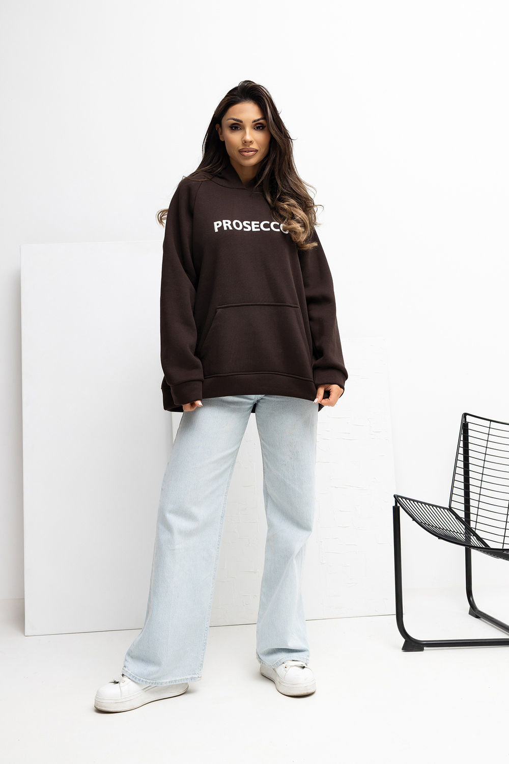 Rue Paris Dark Brown Hooded Long Sleeve Sweatshirt with Pockets - view 2