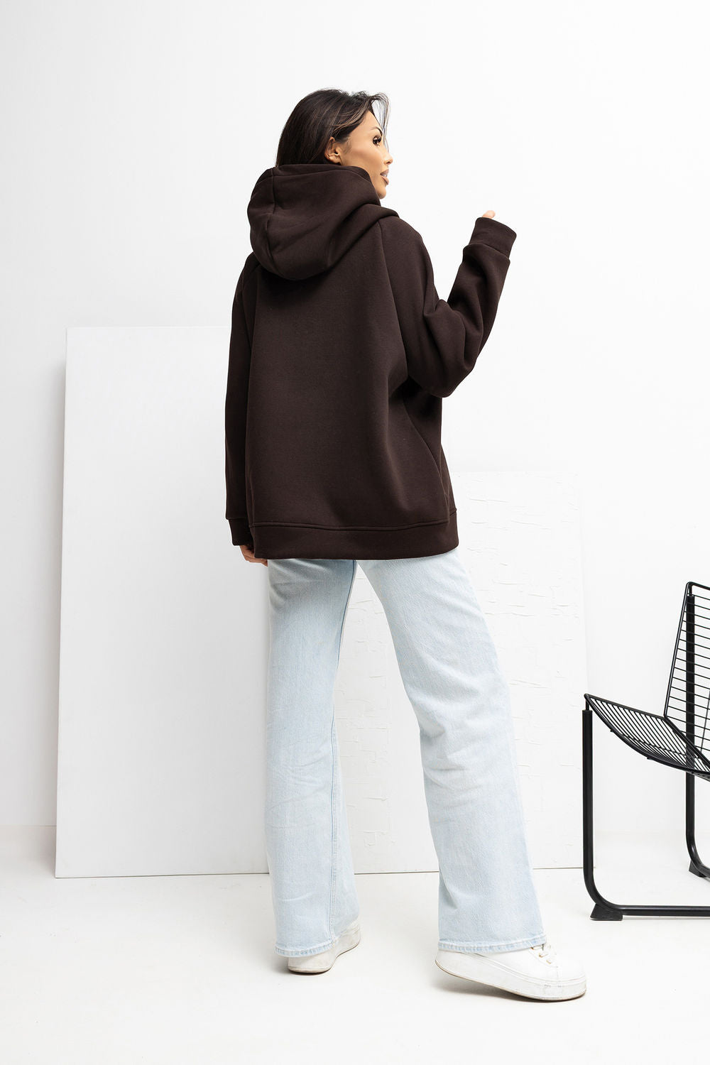 Rue Paris Dark Brown Hooded Long Sleeve Sweatshirt with Pockets - view 3