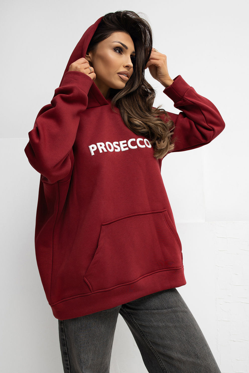 Rue Paris Burgundy Hooded Long Sleeve Sweatshirt with Pockets