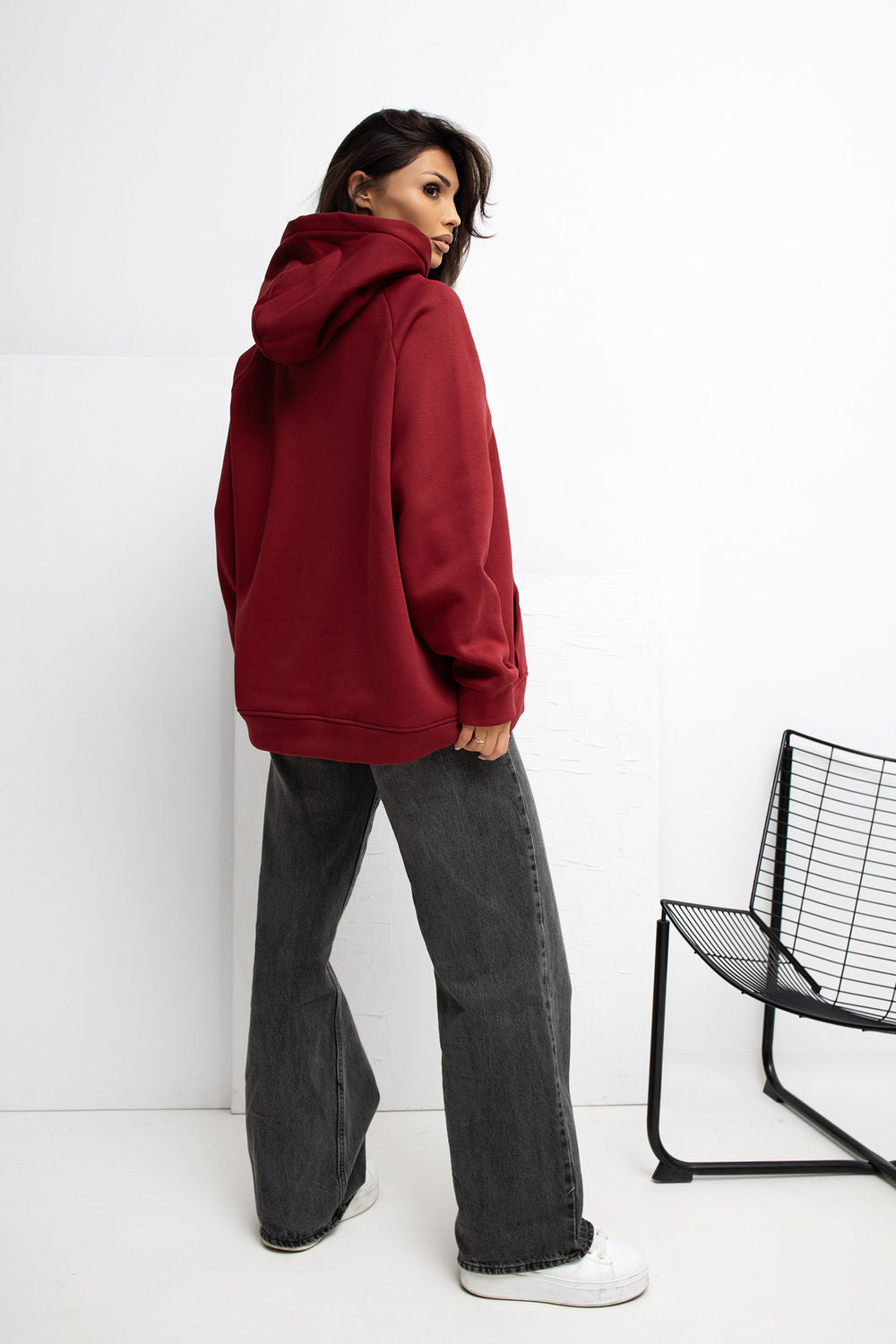 Rue Paris Burgundy Hooded Long Sleeve Sweatshirt with Pockets - view 3