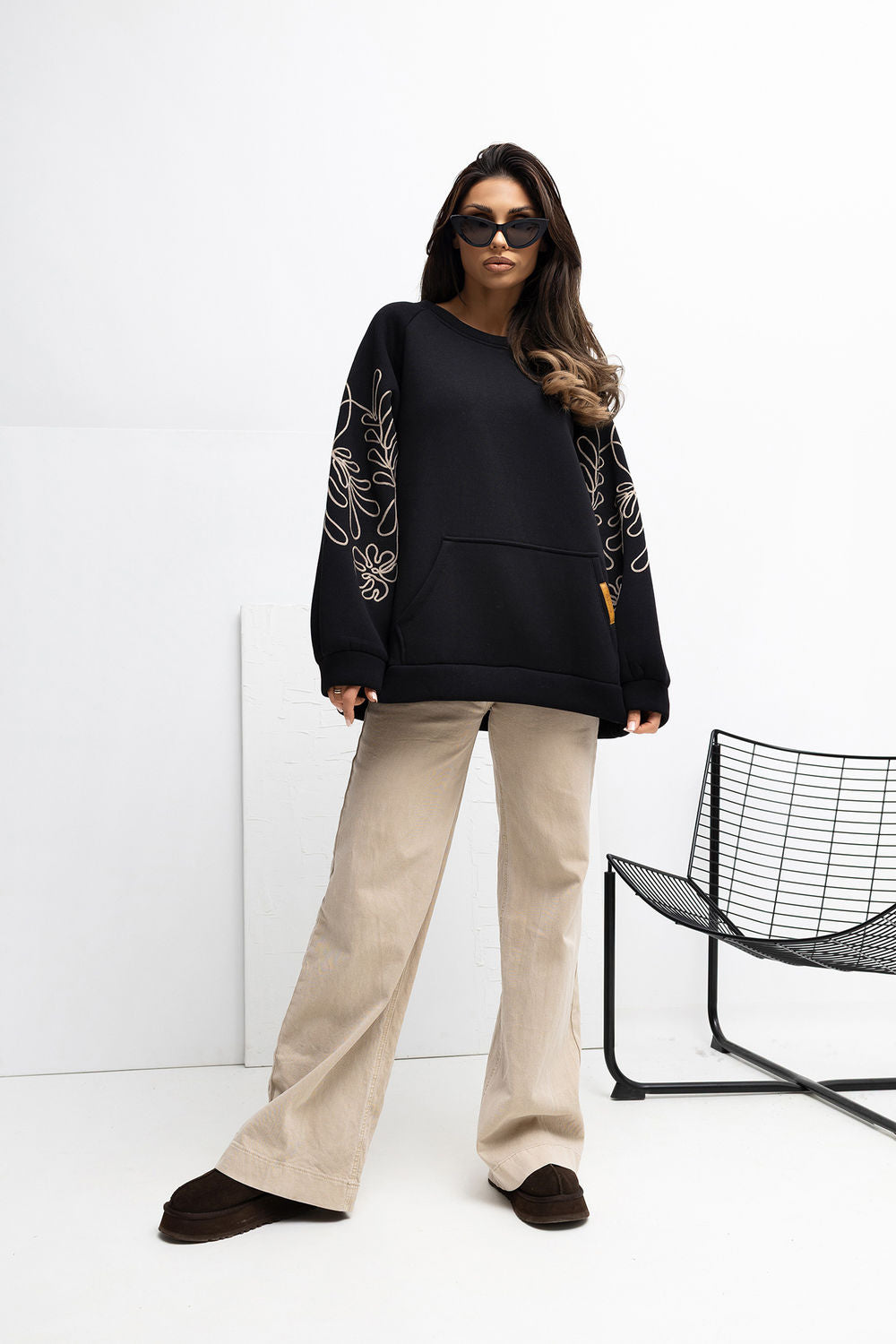 Rue Paris Black Puff Sleeve Cotton Sweatshirt - view 2