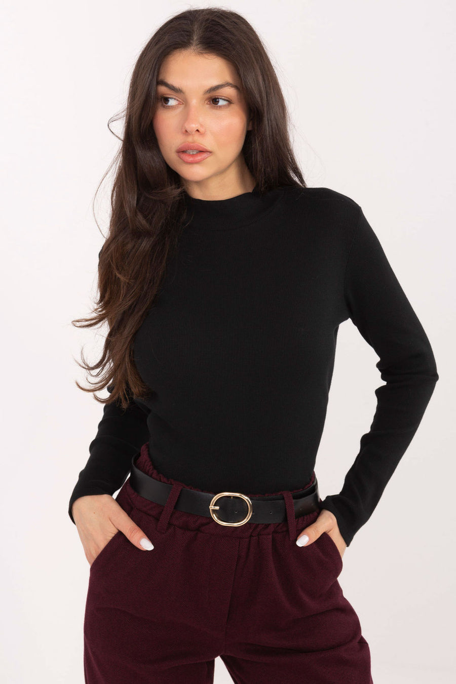 Factory Price Black Roll Neck Long Sleeve Cotton Blouse