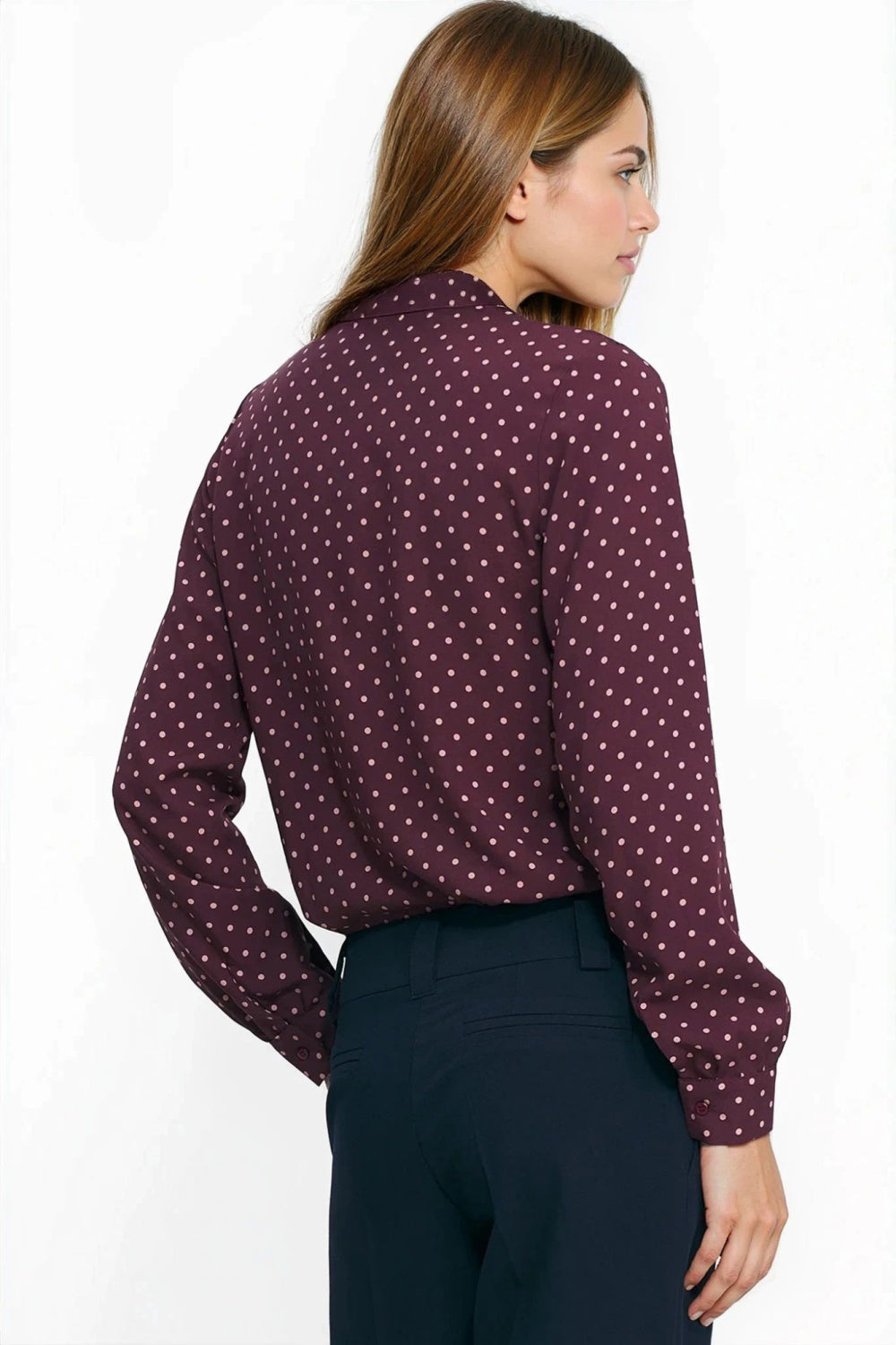 Nife Burgundy Stand Collar Polka Dot Long Sleeve Top - view 3