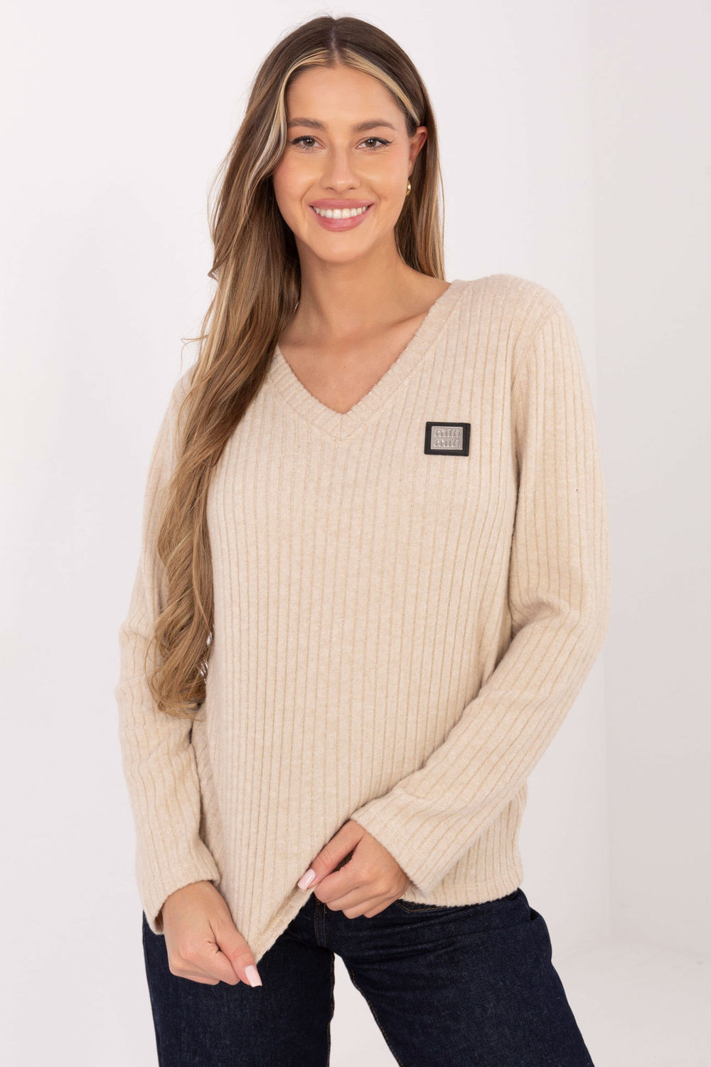 Relevance Beige V-Neck Long Sleeve Jumper