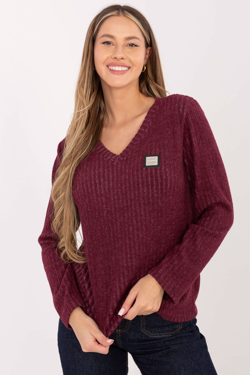 Relevance Burgundy V-Neck Long Sleeve Jumper