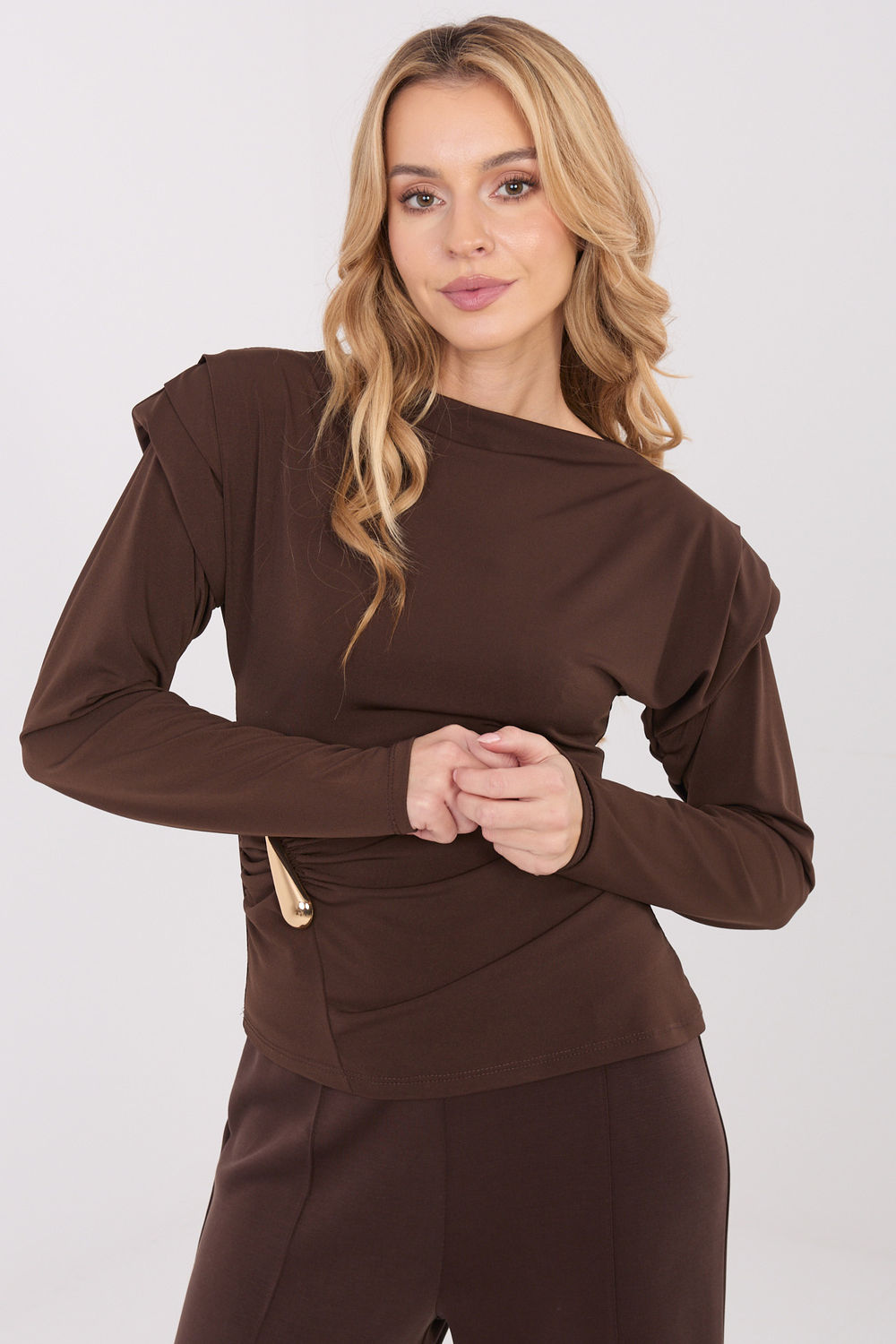 Italy Moda Brown Boat Neck Long Sleeve Blouse