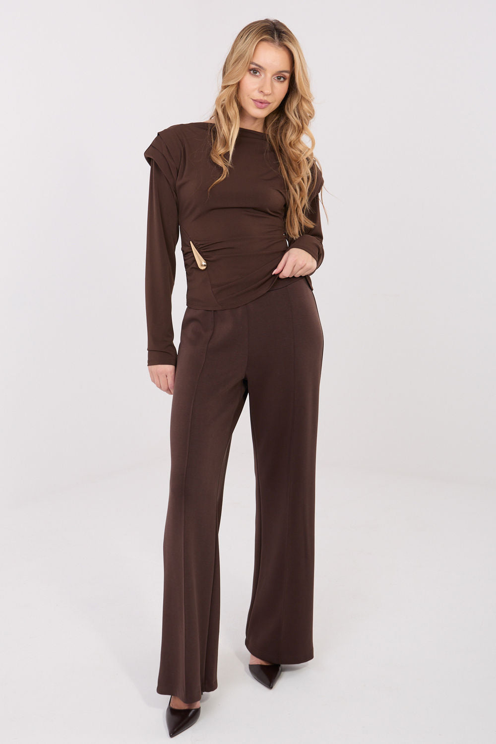 Italy Moda Brown Boat Neck Long Sleeve Blouse - view 2