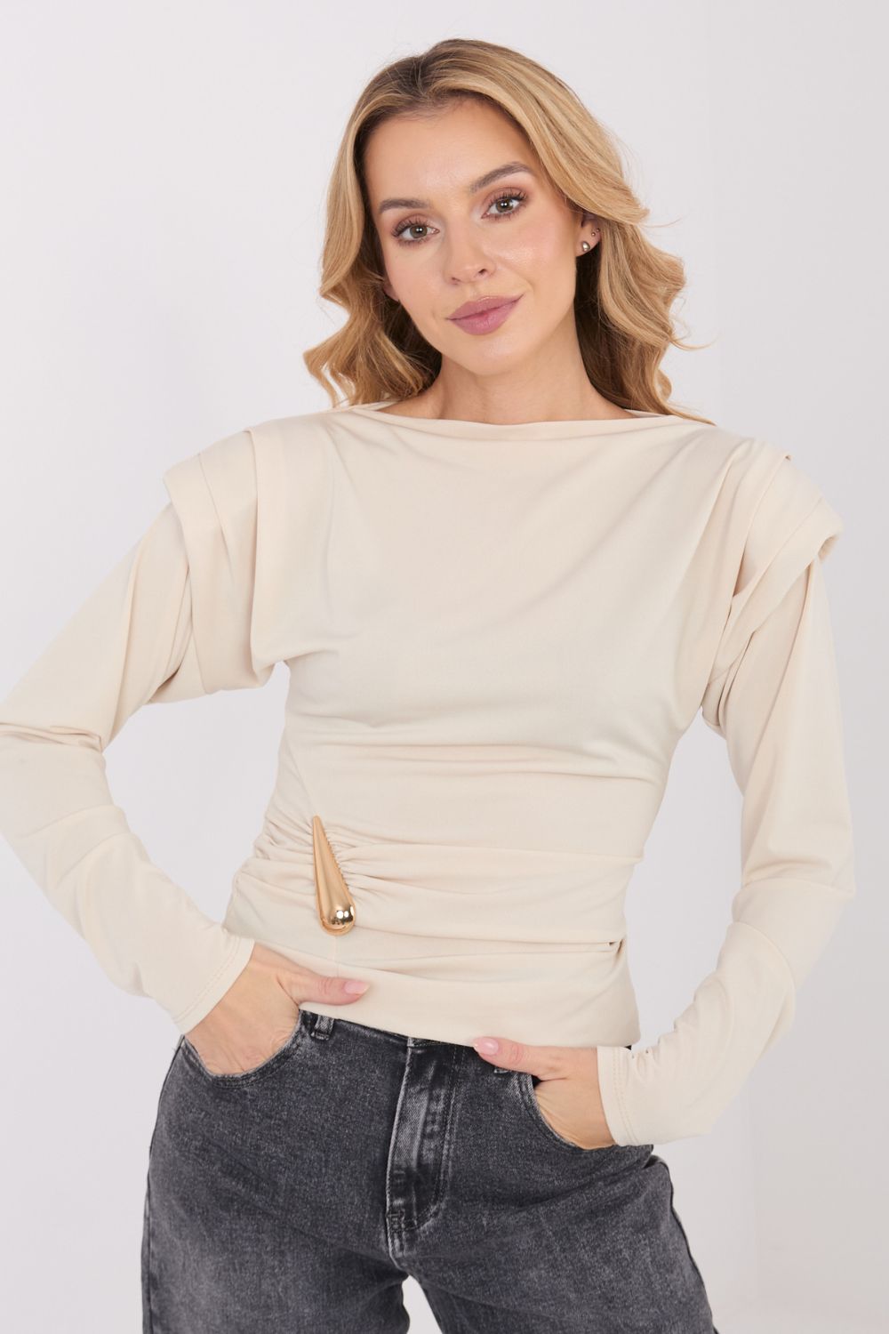 Italy Moda Beige Boat Neck Long Sleeve Blouse - view 4