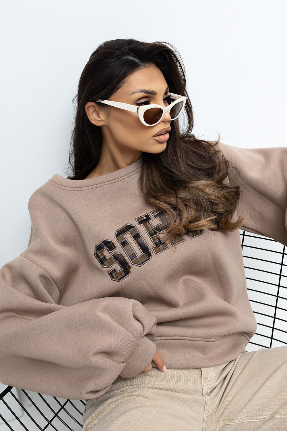 Rue Paris Dark Beige Puff Sleeve Cotton Sweatshirt