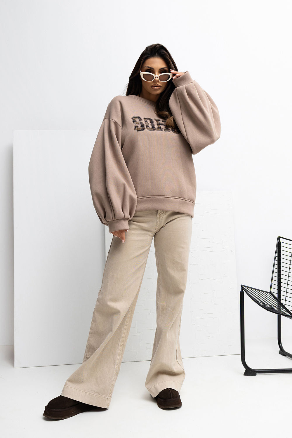 Rue Paris Dark Beige Puff Sleeve Cotton Sweatshirt - view 2