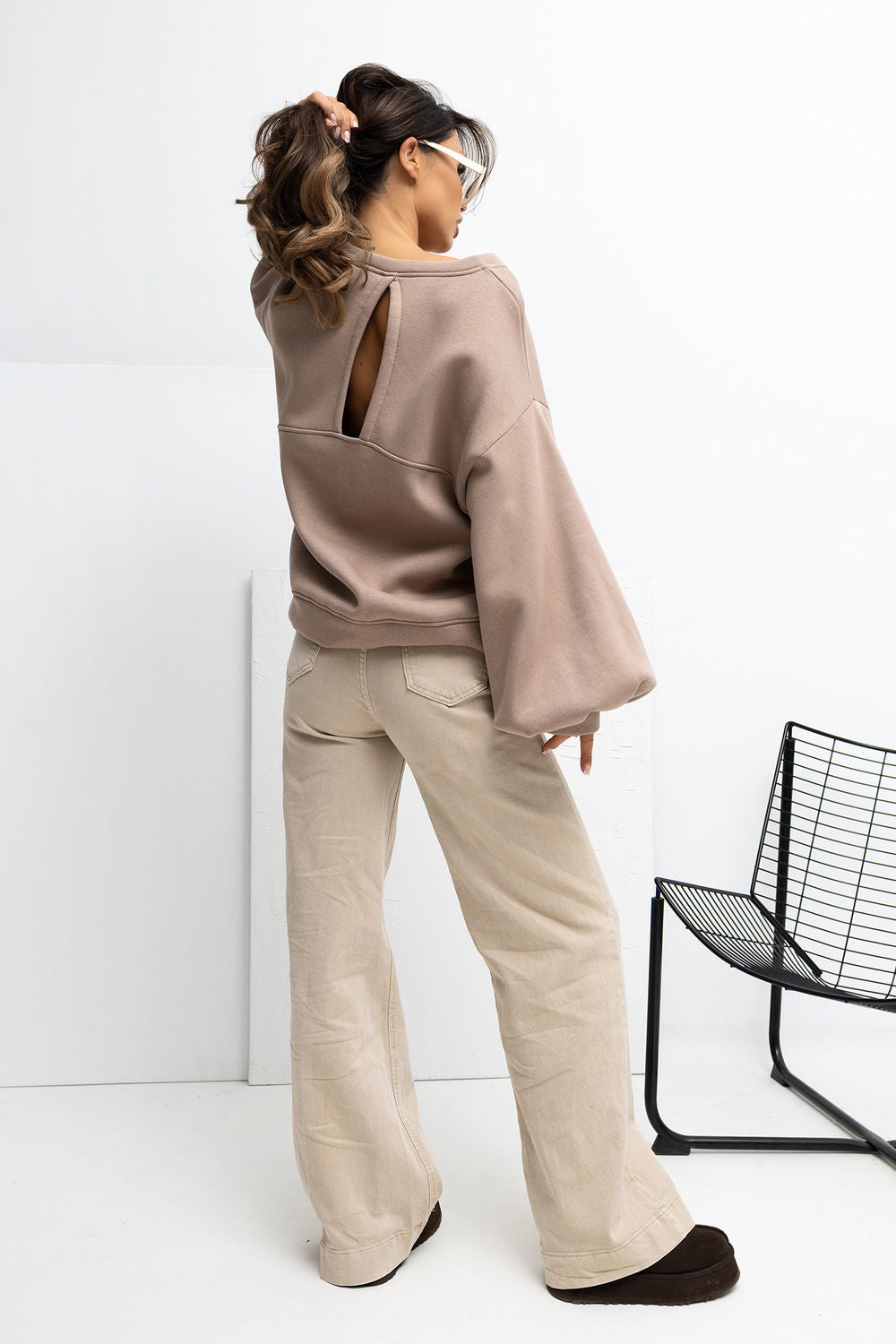 Rue Paris Dark Beige Puff Sleeve Cotton Sweatshirt - view 3