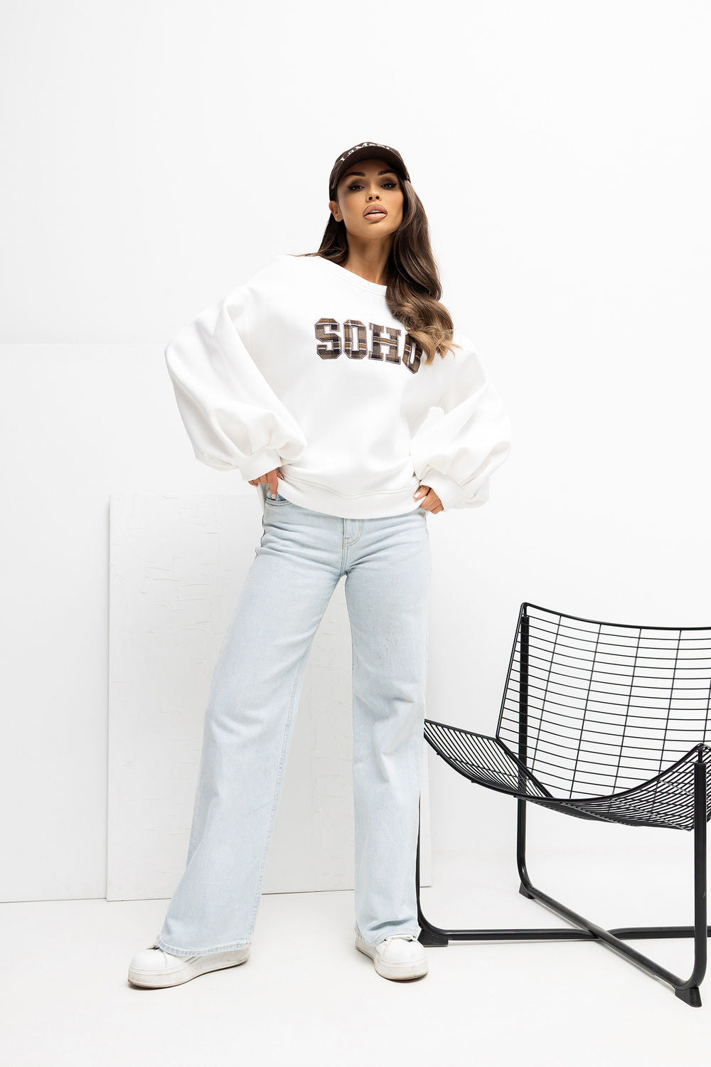 Rue Paris Ecru Puff Sleeve Cotton Sweatshirt with Slit - view 2