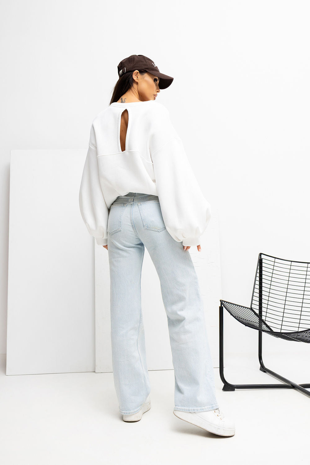 Rue Paris Ecru Puff Sleeve Cotton Sweatshirt with Slit - view 3