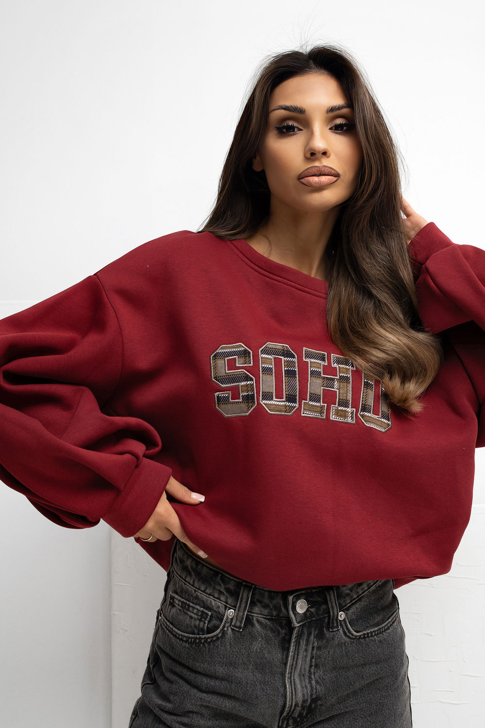 Rue Paris Burgundy Puff Sleeve Cotton Sweatshirt with Slit