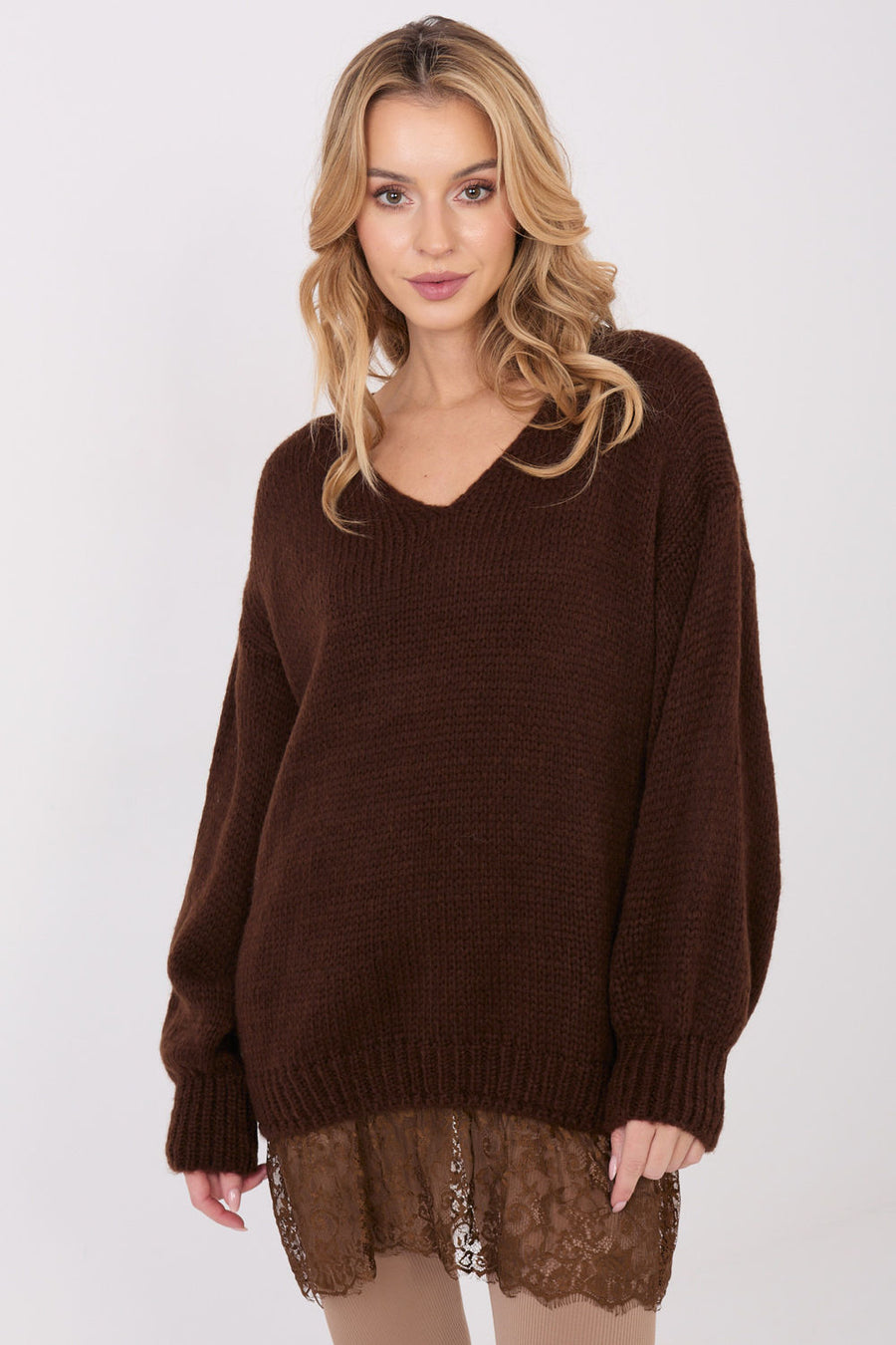 Factory Price Dark Brown Lace V-Neck Jumper