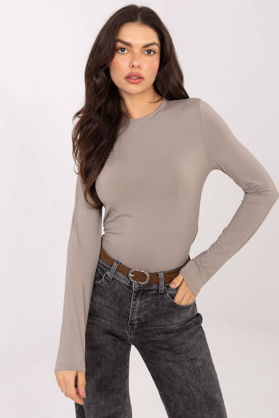 Sublevel Dark Beige Bodycon Long Sleeve Blouse