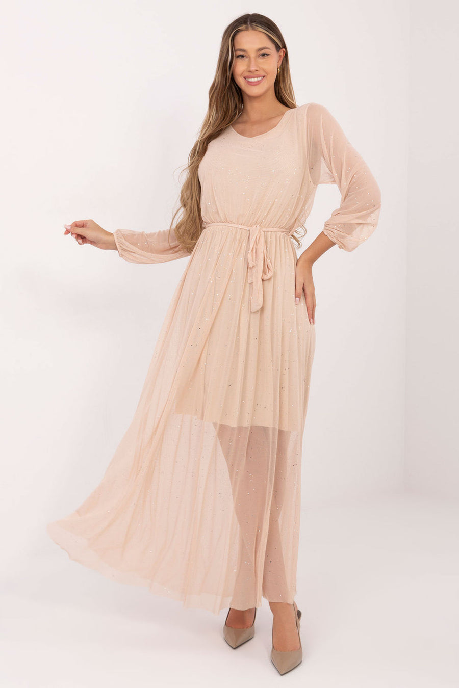 Italy Moda Beige Mesh Flared Maxi Dress