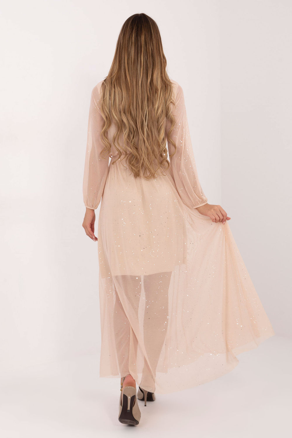 Italy Moda Beige Mesh Flared Maxi Dress - view 2
