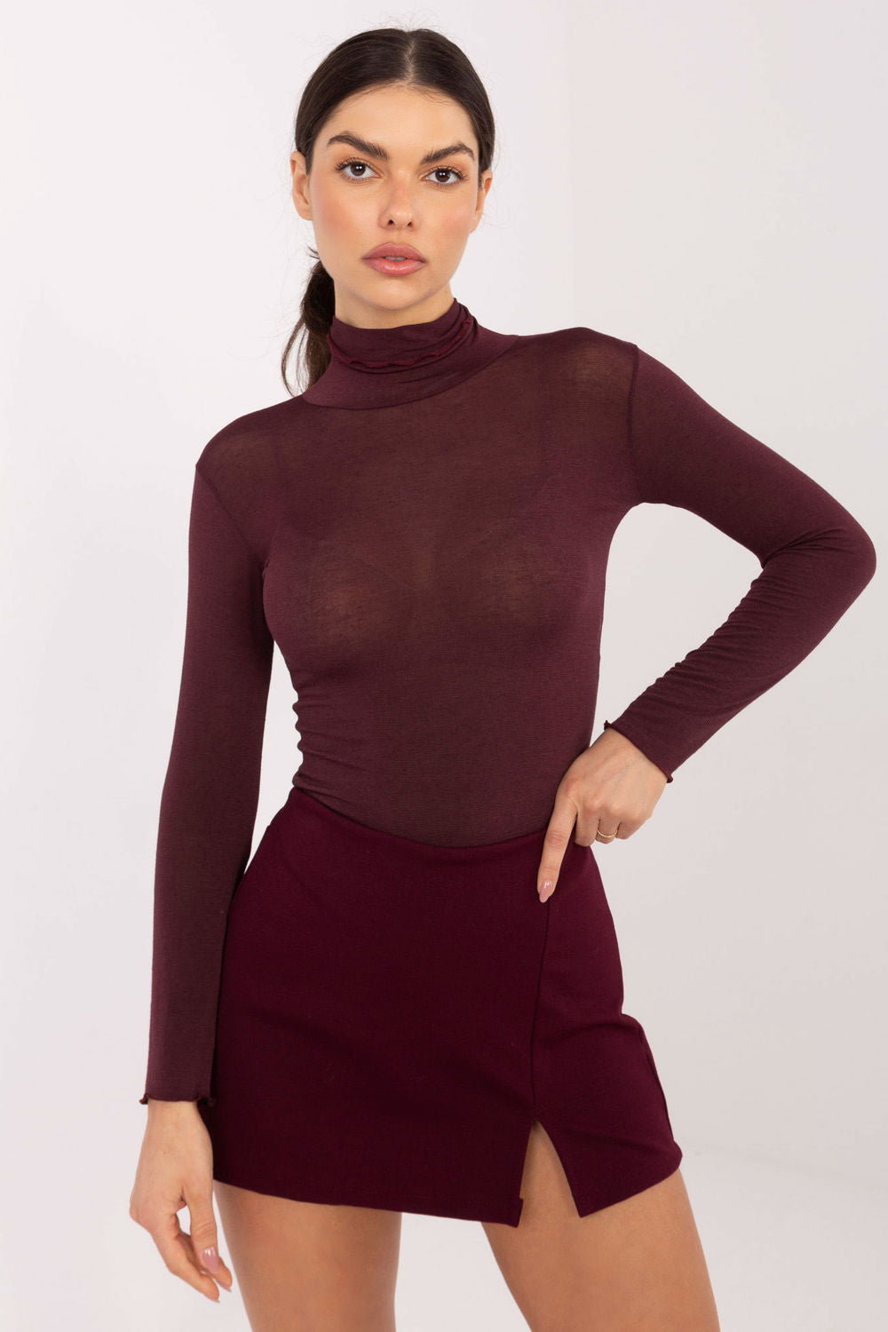 Italy Moda Burgundy Bodycon Long Sleeve Blouse