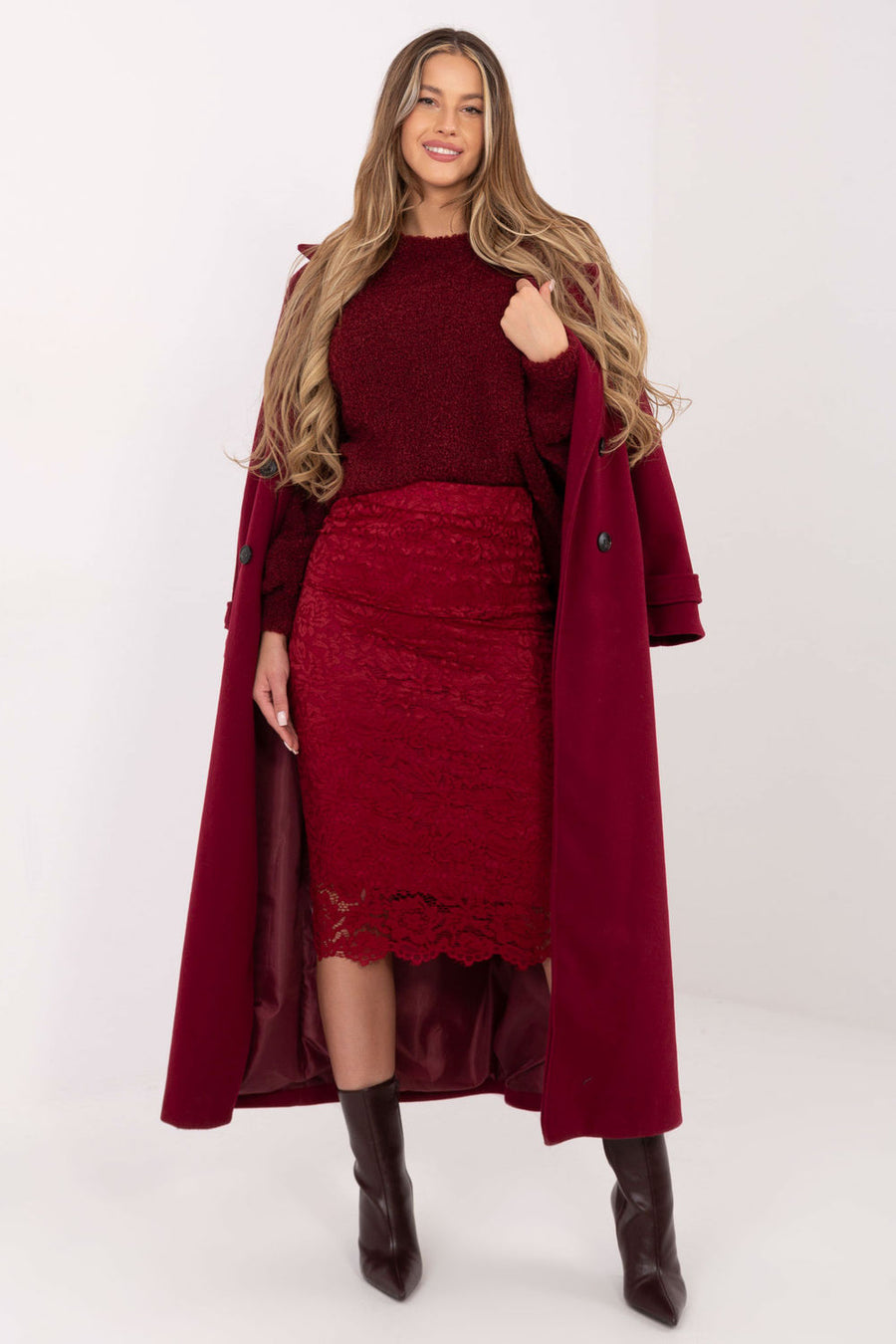 Italy Moda Burgundy Lace Midi Skirt