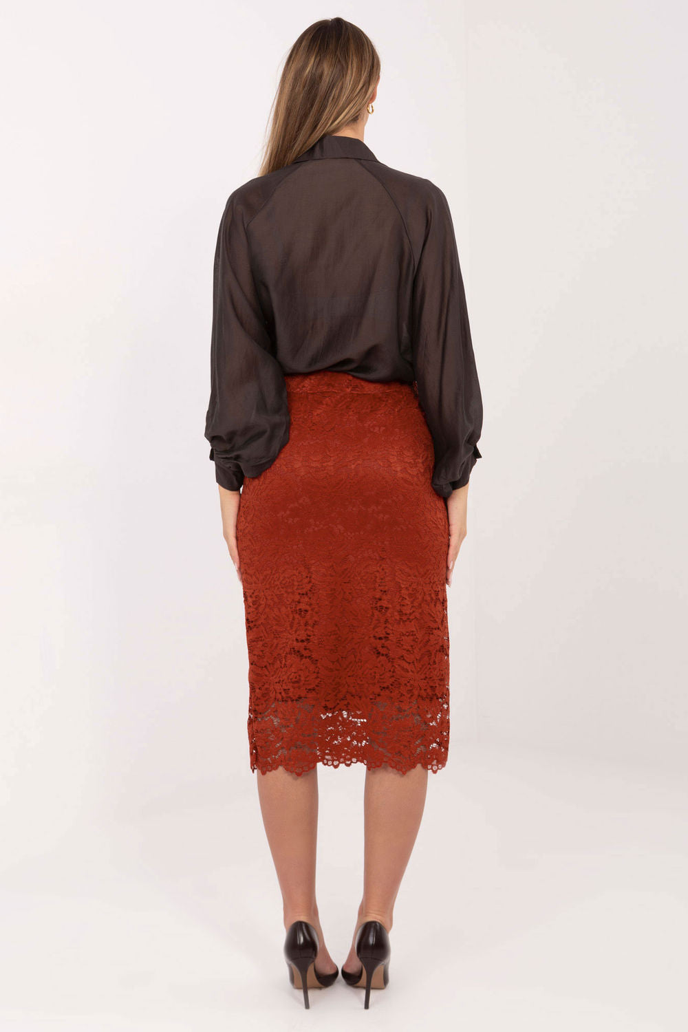Italy Moda Dark Orange Lace Midi Skirt - view 3