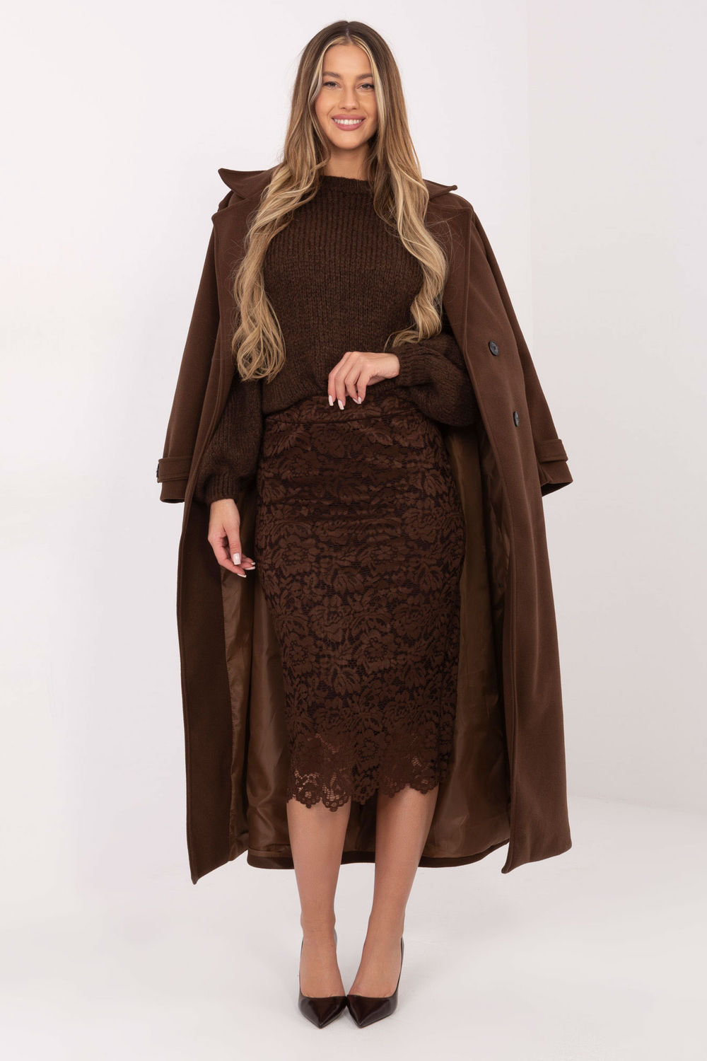 Italy Moda Brown Lace Midi Skirt - view 2