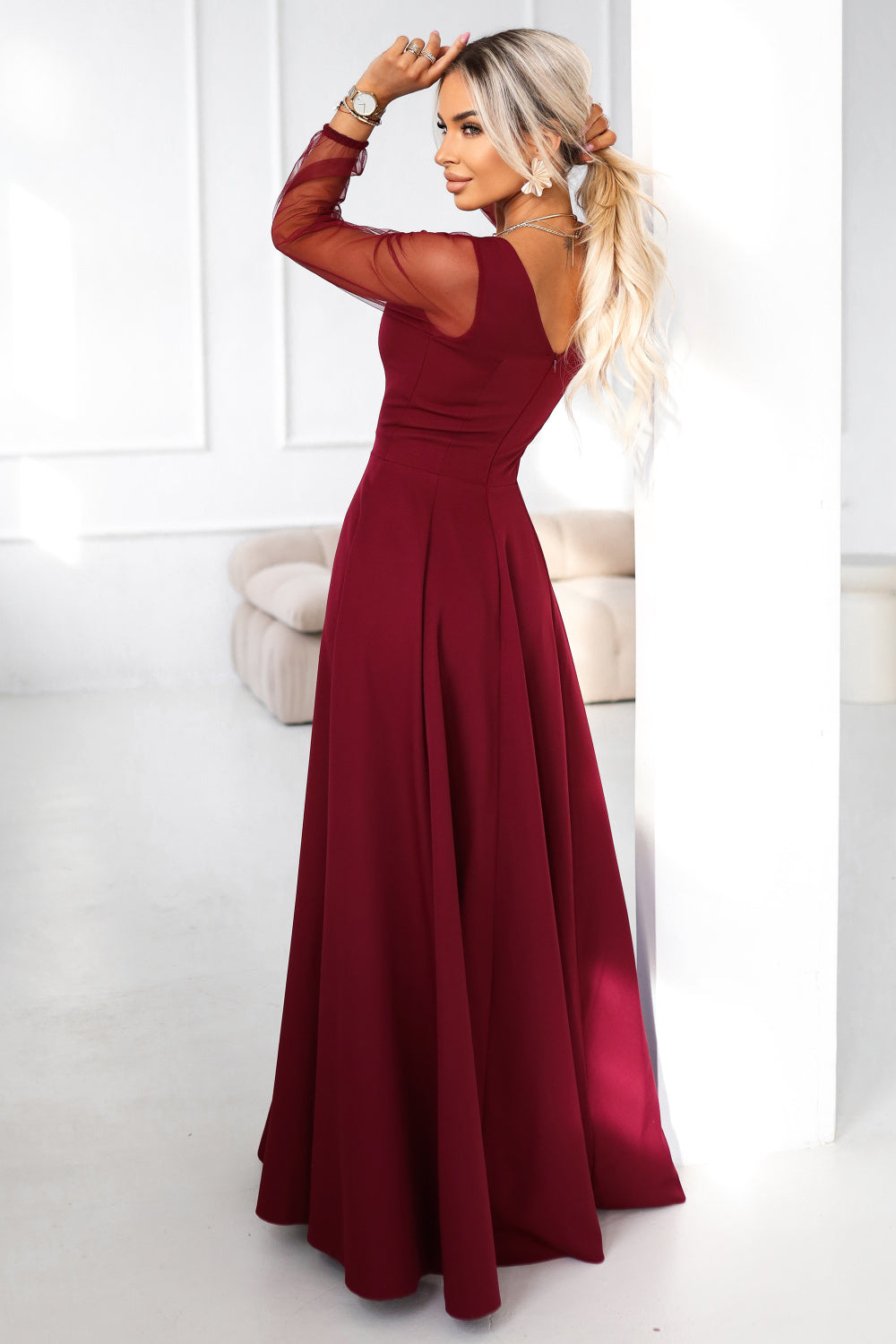 Numoco Loretta Burgundy Mesh Flared Maxi Dress - view 2