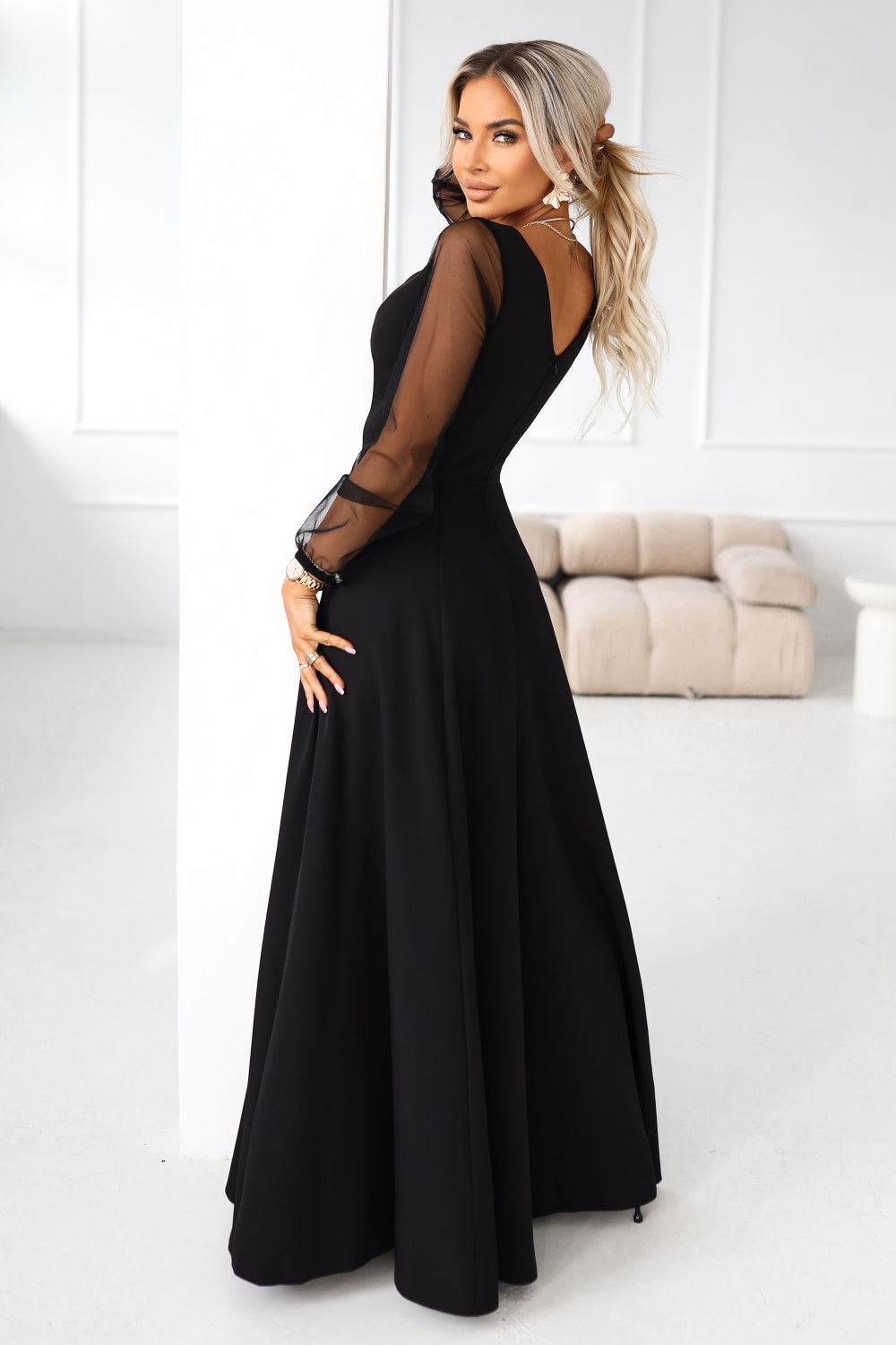 Numoco Loretta Black Mesh Flared Maxi Dress - view 2