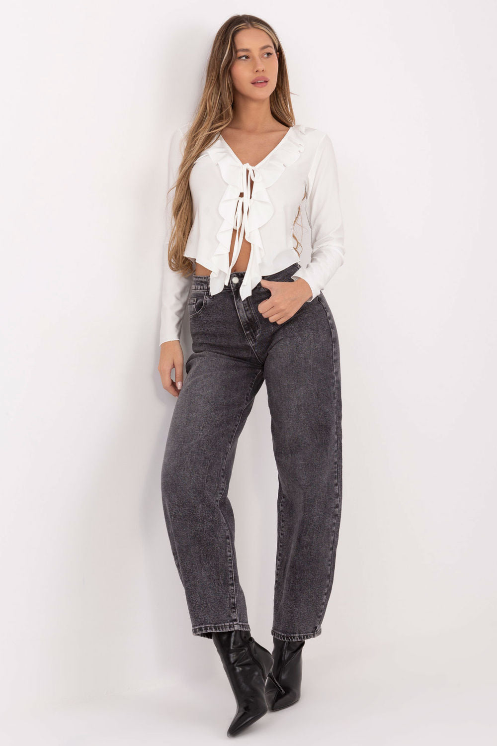 Italy Moda Ecru Draped Long Sleeve Blouse - view 2