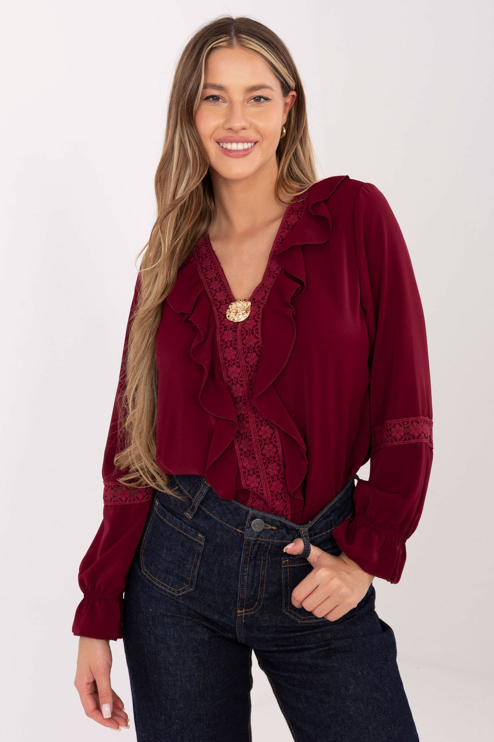 Italy Moda Burgundy Lace V-Neck Blouse