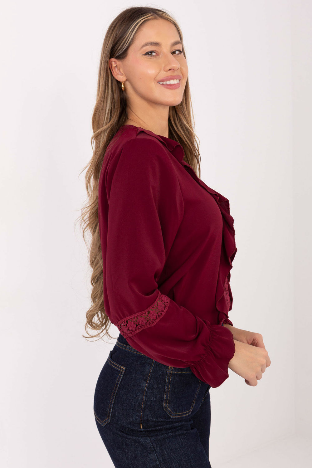 Italy Moda Burgundy Lace V-Neck Blouse - view 2