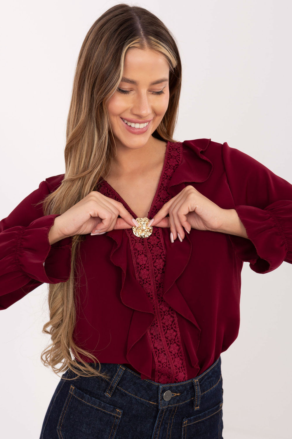 Italy Moda Burgundy Lace V-Neck Blouse - view 4