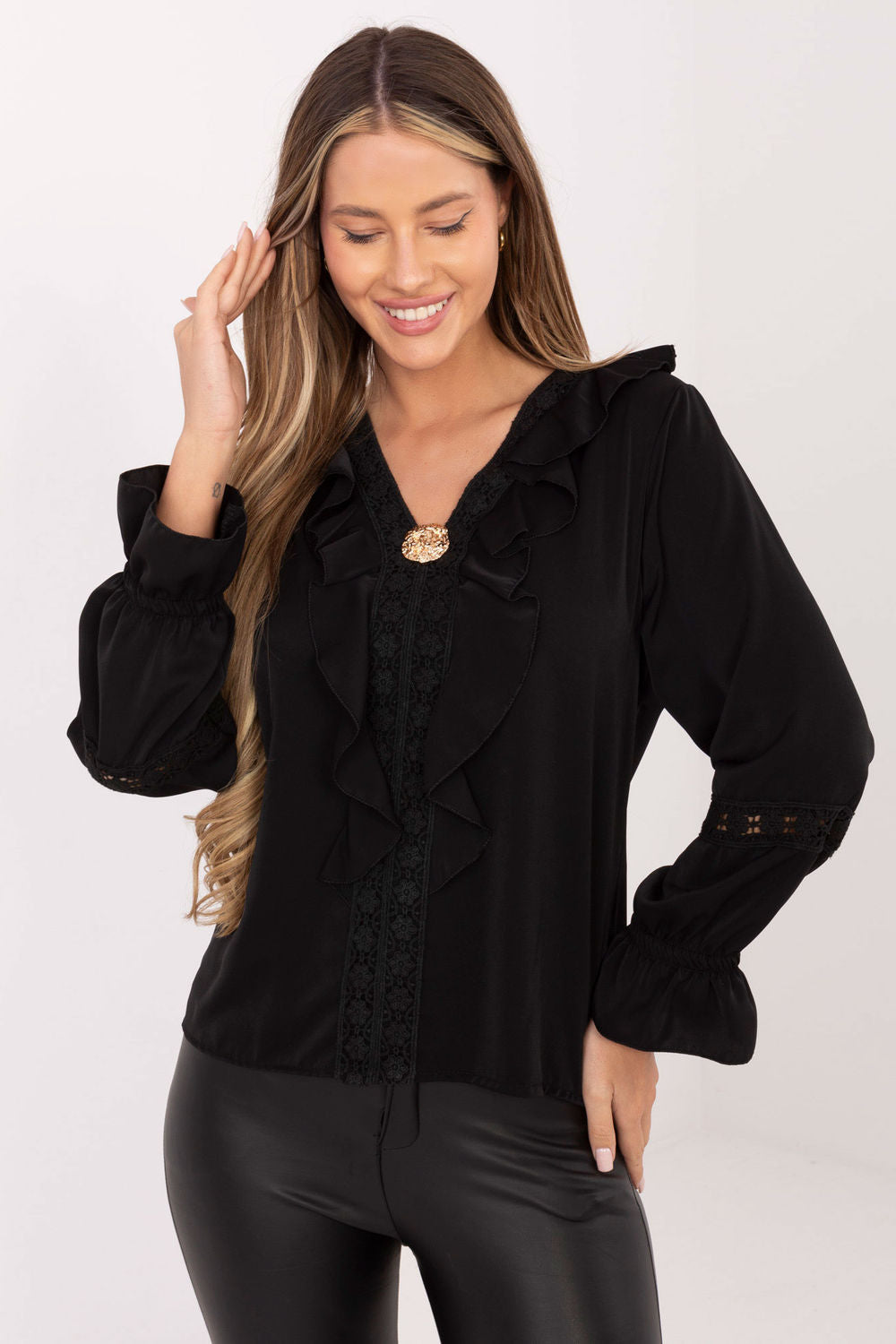 Italy Moda Black Lace V-Neck Blouse