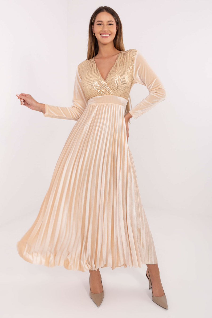 Italy Moda Light Beige Sequin Wrap Maxi Dress