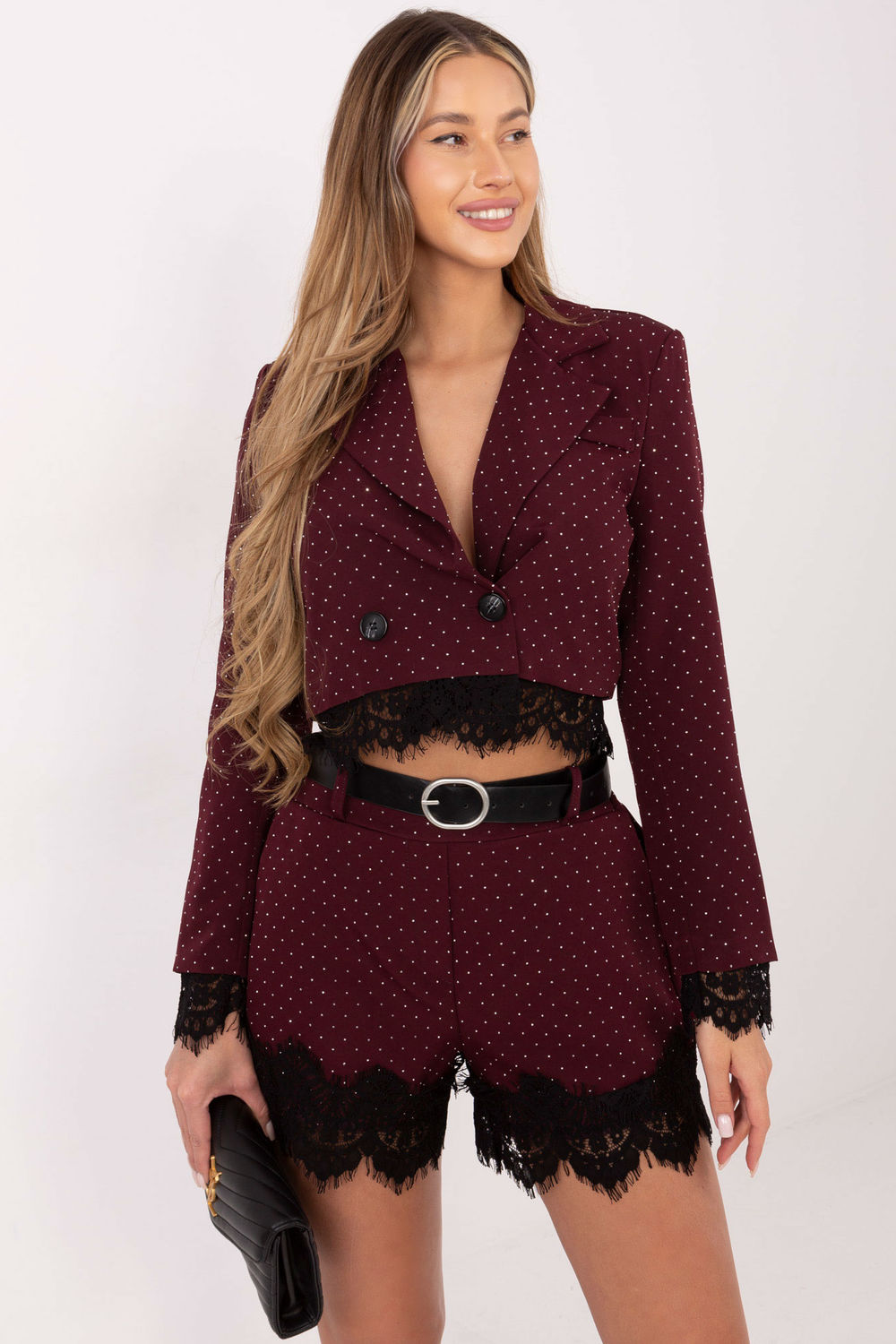 Italy Moda Burgundy Polyester Lace Long Sleeve Jacket with Buttons