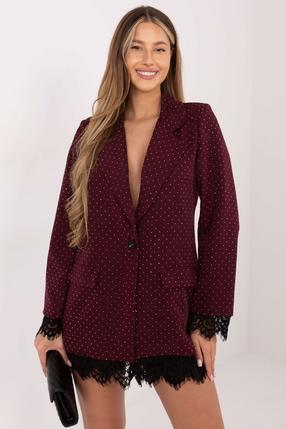 Italy Moda Burgundy Polyester Lace Long Sleeve Jacket
