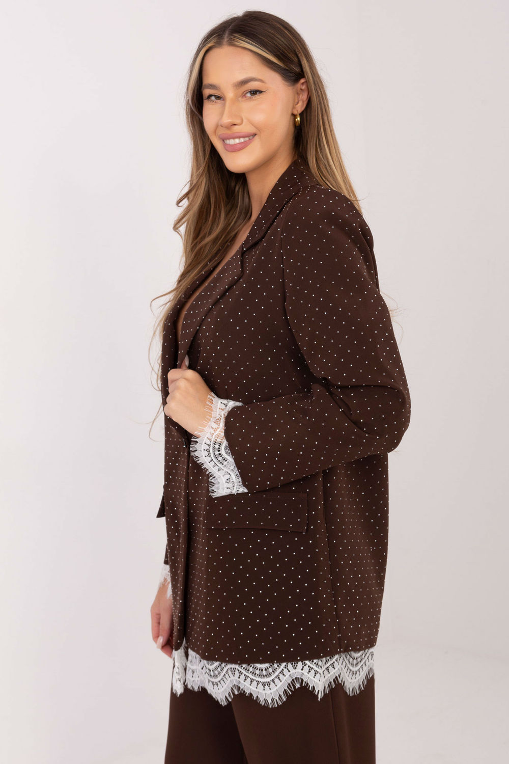 Italy Moda Brown Button Front Lace Long Sleeve Jacket - view 3