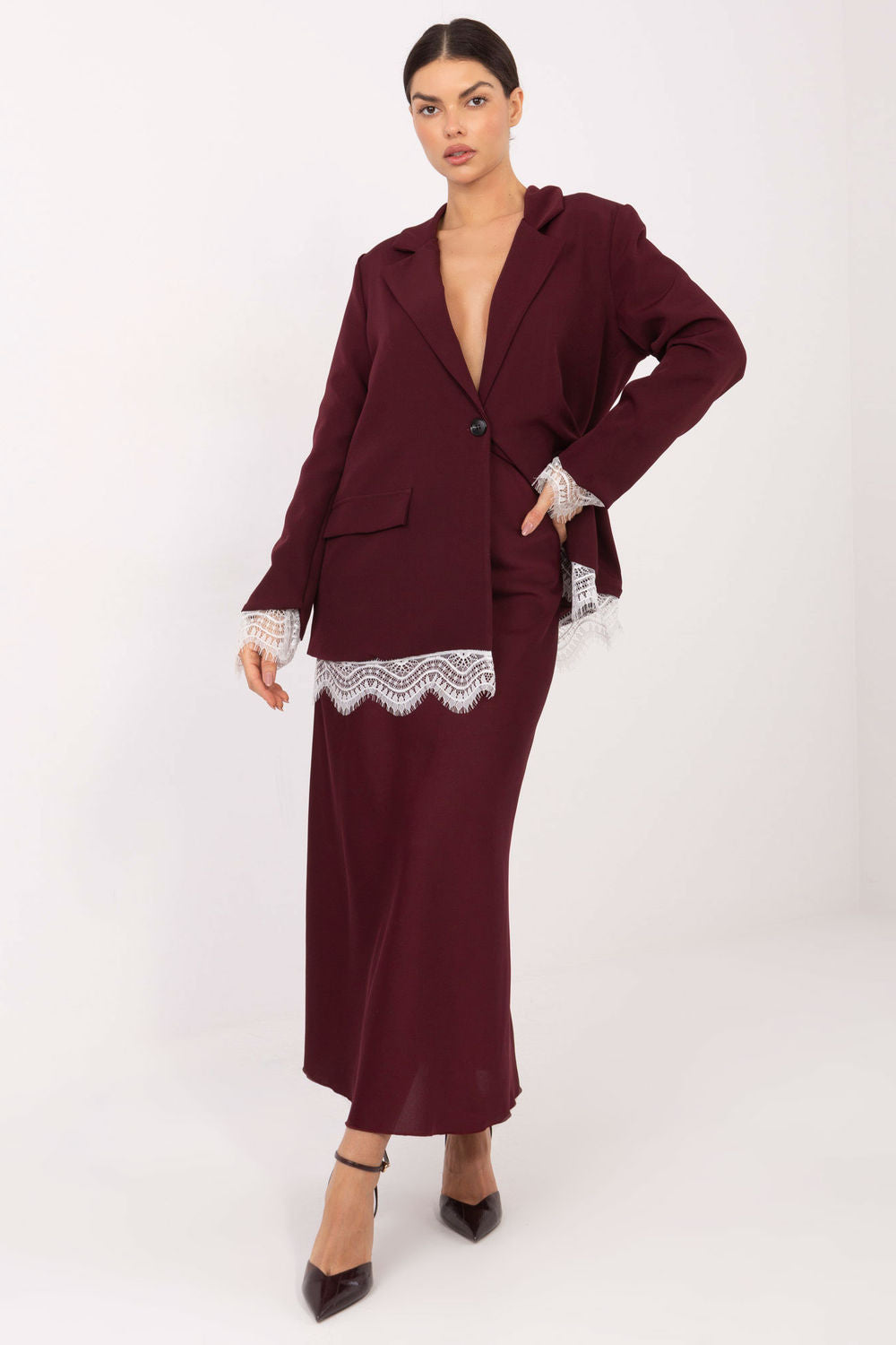 Italy Moda Burgundy Lace Long Sleeve Jacket