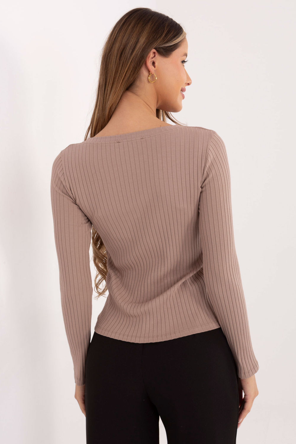Rue Paris Dark Beige Striped V-Neck Blouse - view 3