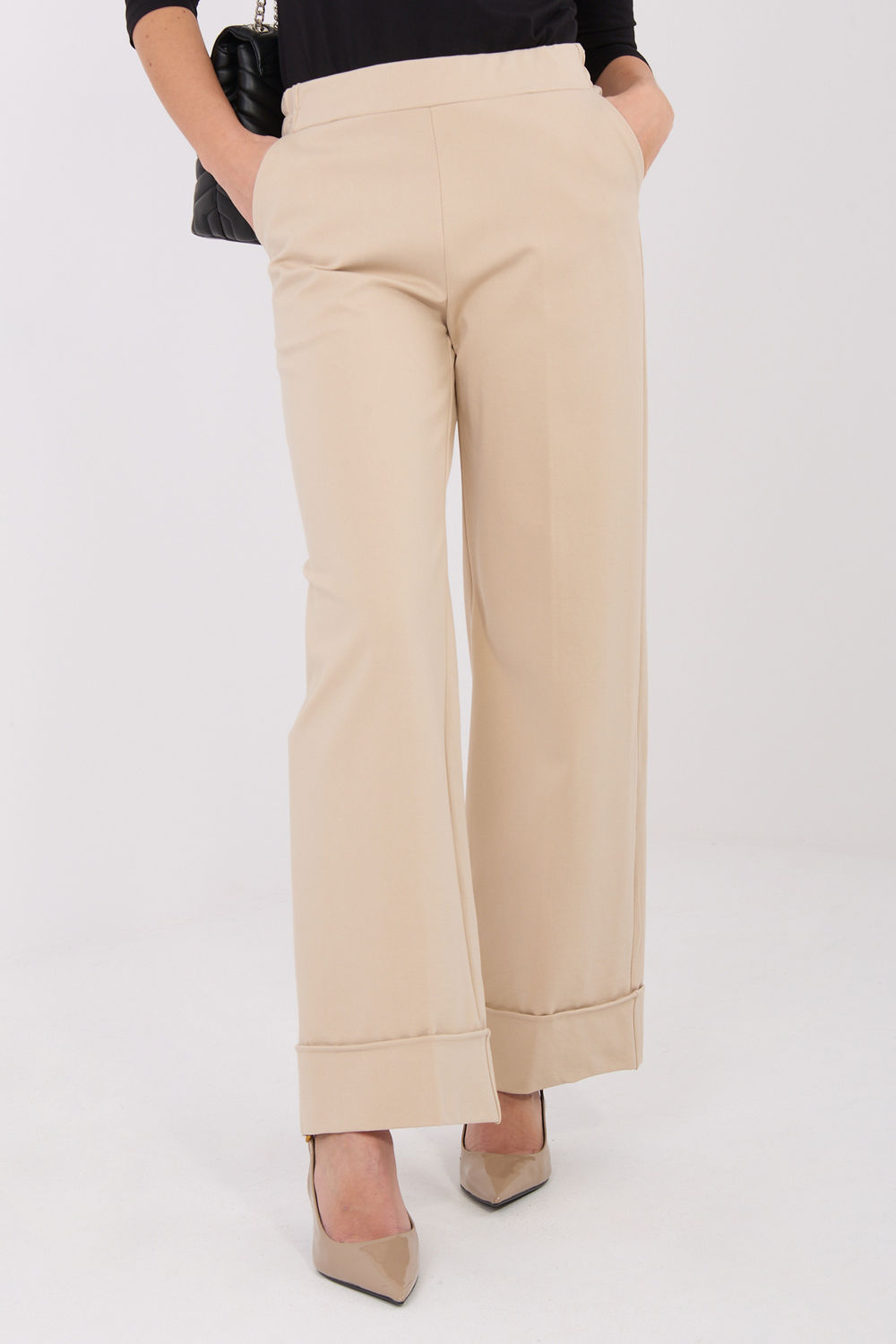 Rue Paris Beige Wide Leg High Waisted Trousers