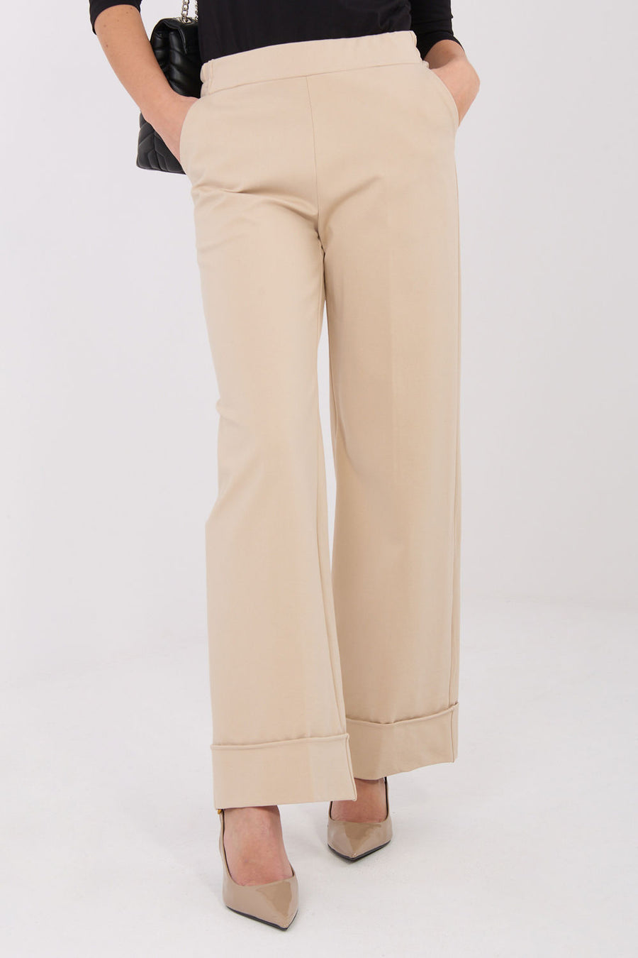Rue Paris Beige Wide Leg High Waisted Trousers