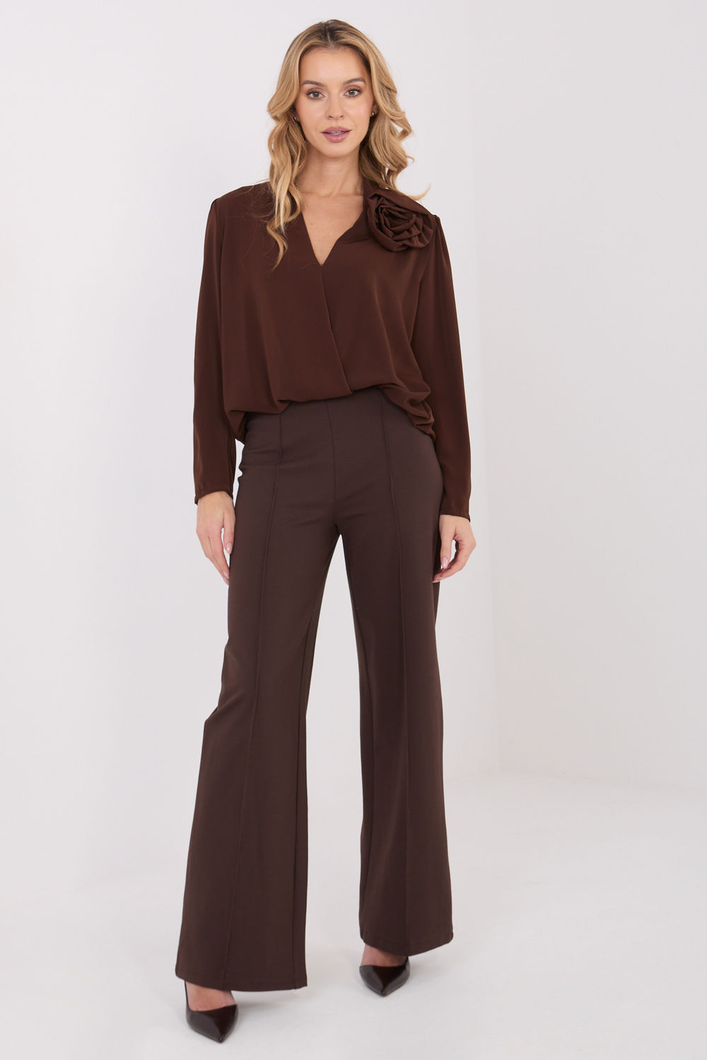 Rue Paris Dark Brown Viscose Wide Leg High Waisted Trousers