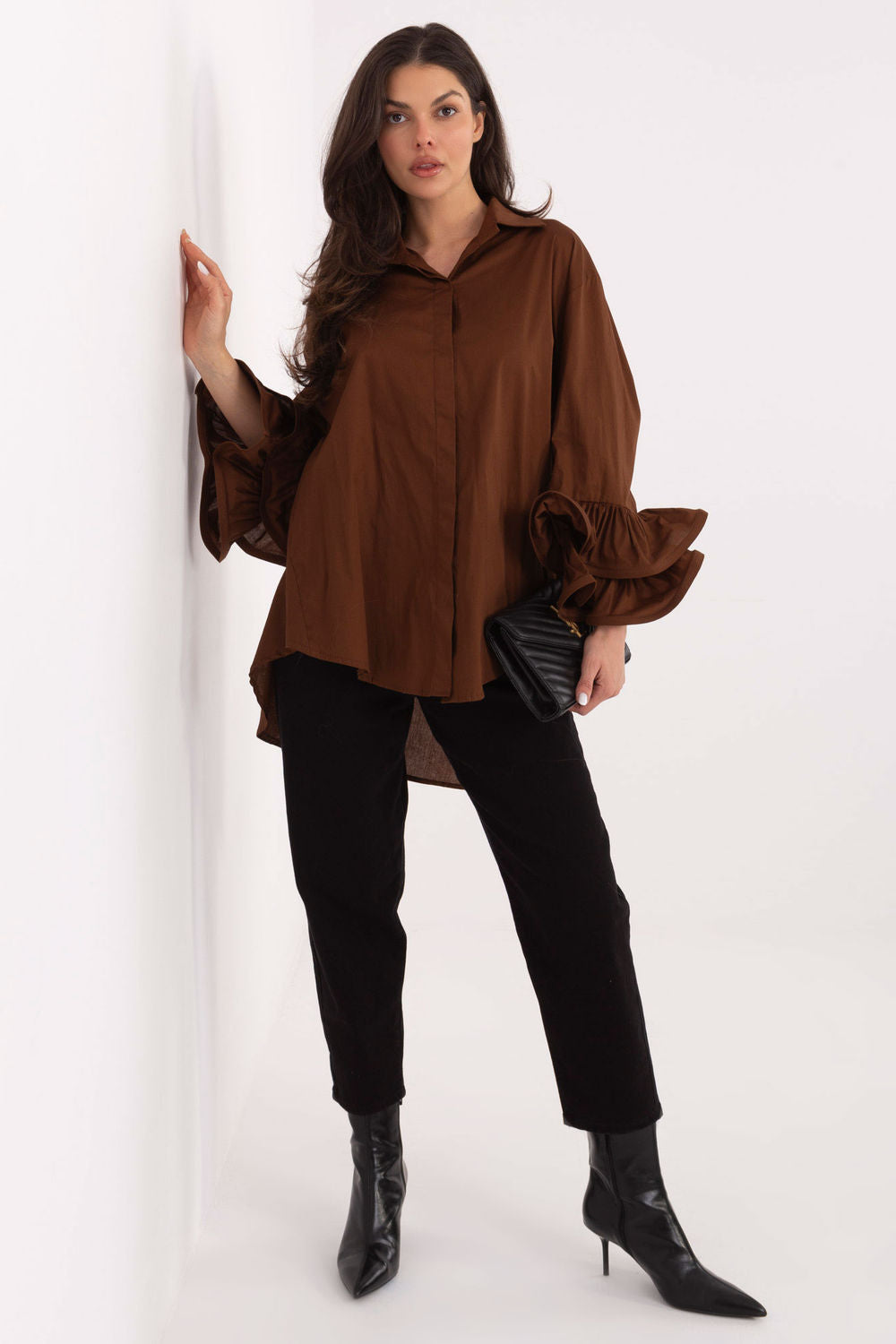 Italy Moda Brown Collared Cotton Long Sleeve Top - view 2