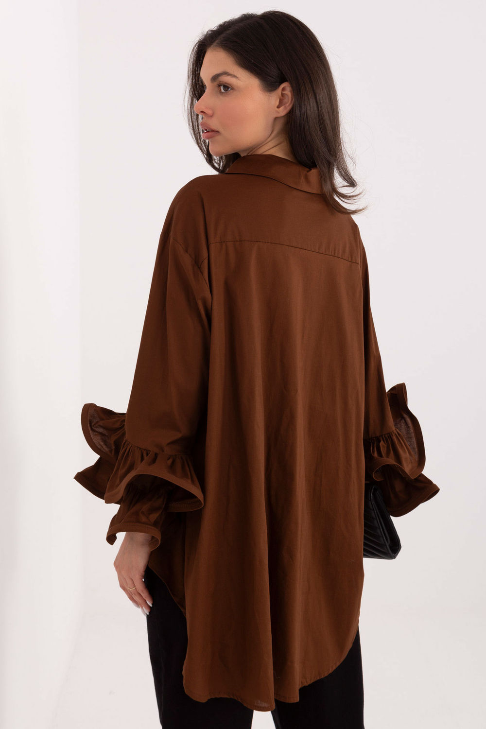 Italy Moda Brown Collared Cotton Long Sleeve Top - view 3