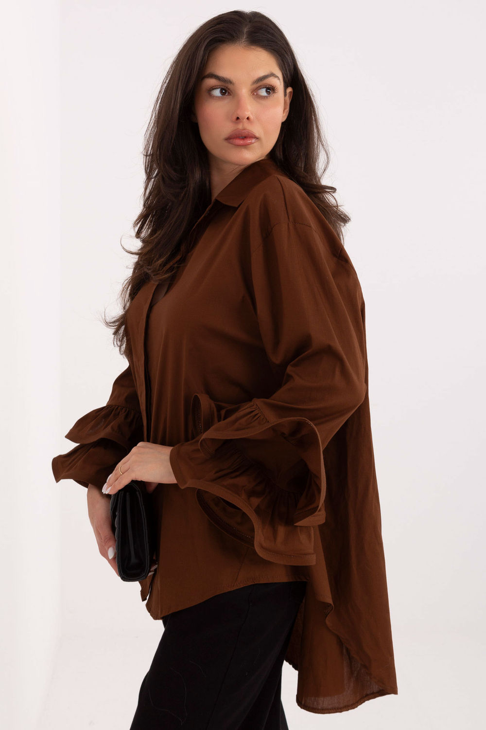 Italy Moda Brown Collared Cotton Long Sleeve Top - view 4