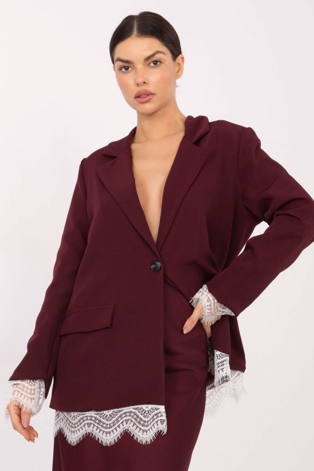 Italy Moda Burgundy Lace Long Sleeve Jacket - view 5