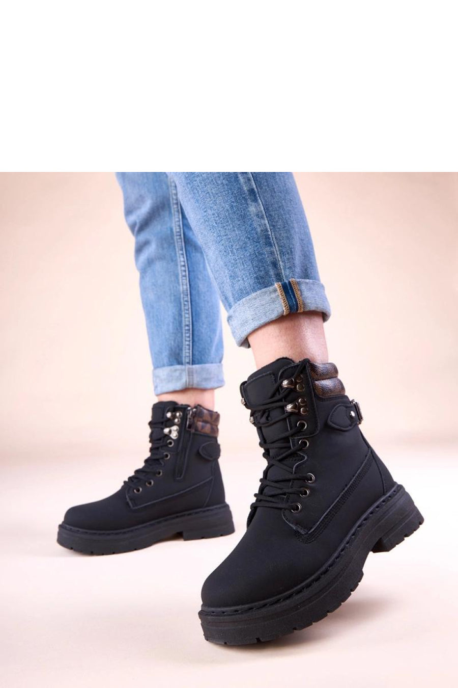 Solea Selio Black Faux Leather Lace Up Hiking Style Boots